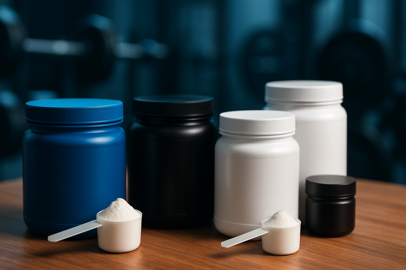 creatine tubs on a table, with scoops for about 3mg, some blue black and white tub, DO NOT LABEL THEM, the background bluured with cool blue tones and gym equipment