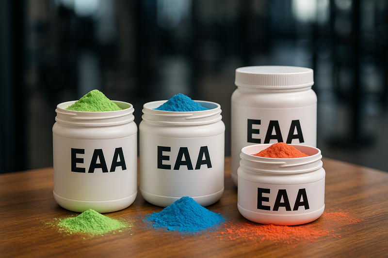 EAA amino acids on a table with gym background add the word EAA to the tubs make some green, blue and red etc, with some powder and tubs white tubs not any other colour