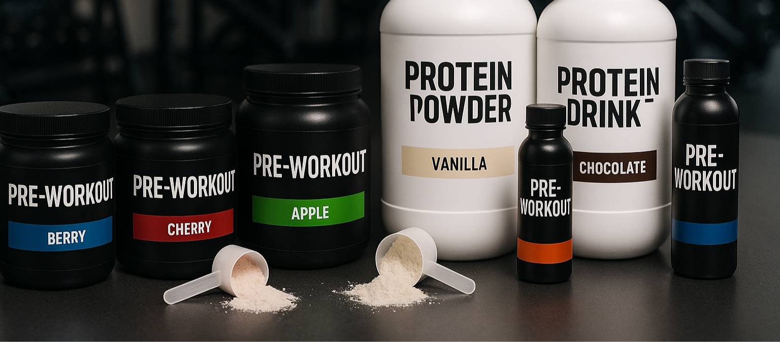 pre workout tubs black with different colours as if they were flavours, protein powder white tubs with flavours, scoops powder on the table, bottles with pre workout, pre workout capsule tubes. gym background
