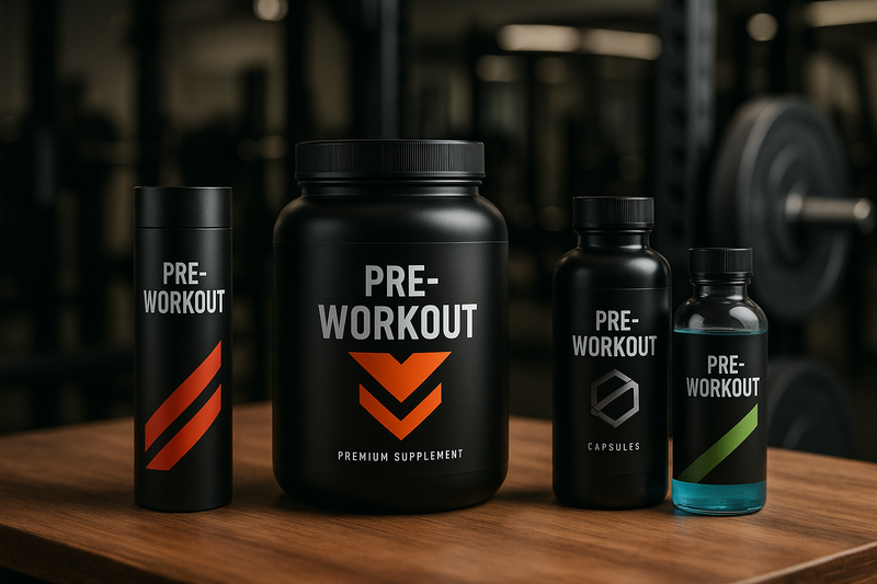 remove the name tnt and make the pre workout tubs and capsules and tubes with diferent colours but mainly black, just the TNT tube concept dont use the actual word, show a bottle on the table with colour to show the pre workout