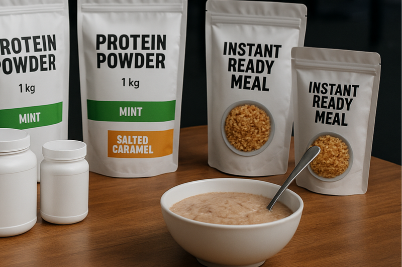  ruined it make it like it was before, i asked for 1kg packets white with accent colours as flavour, gym bacgkround wooden brown table, supplement jars white as well, and other instant ready meal packs